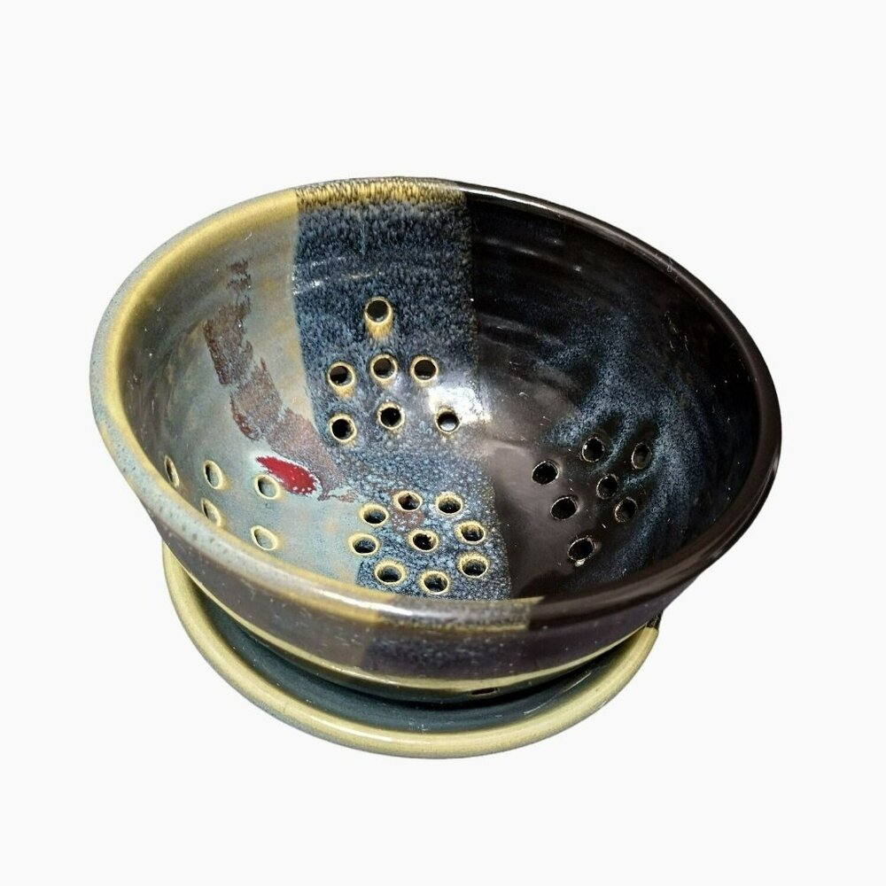 Handcrafted Pottery Stoneware Berry Bowl, Signed, With Drainage Holes & Saucer